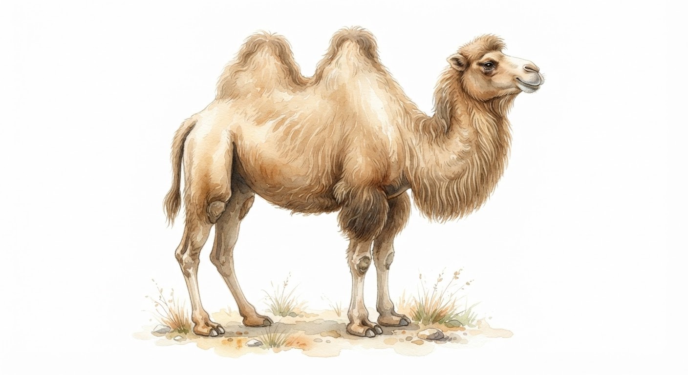 Illustrazione naturalistica a colori di cammello (Camelus bactrianus)