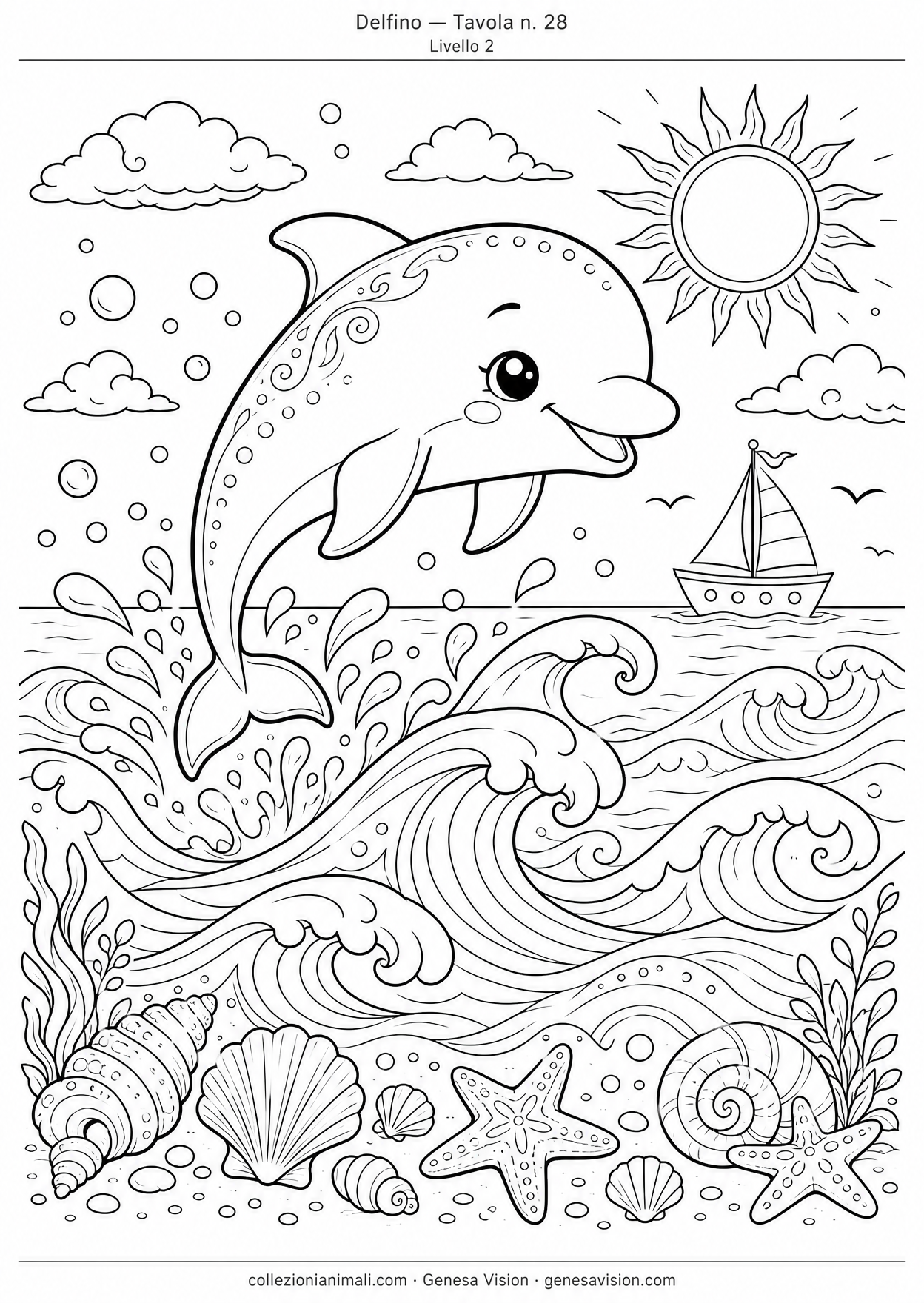 Disegno da colorare in formato A4: Delfino da colorare — livello 2