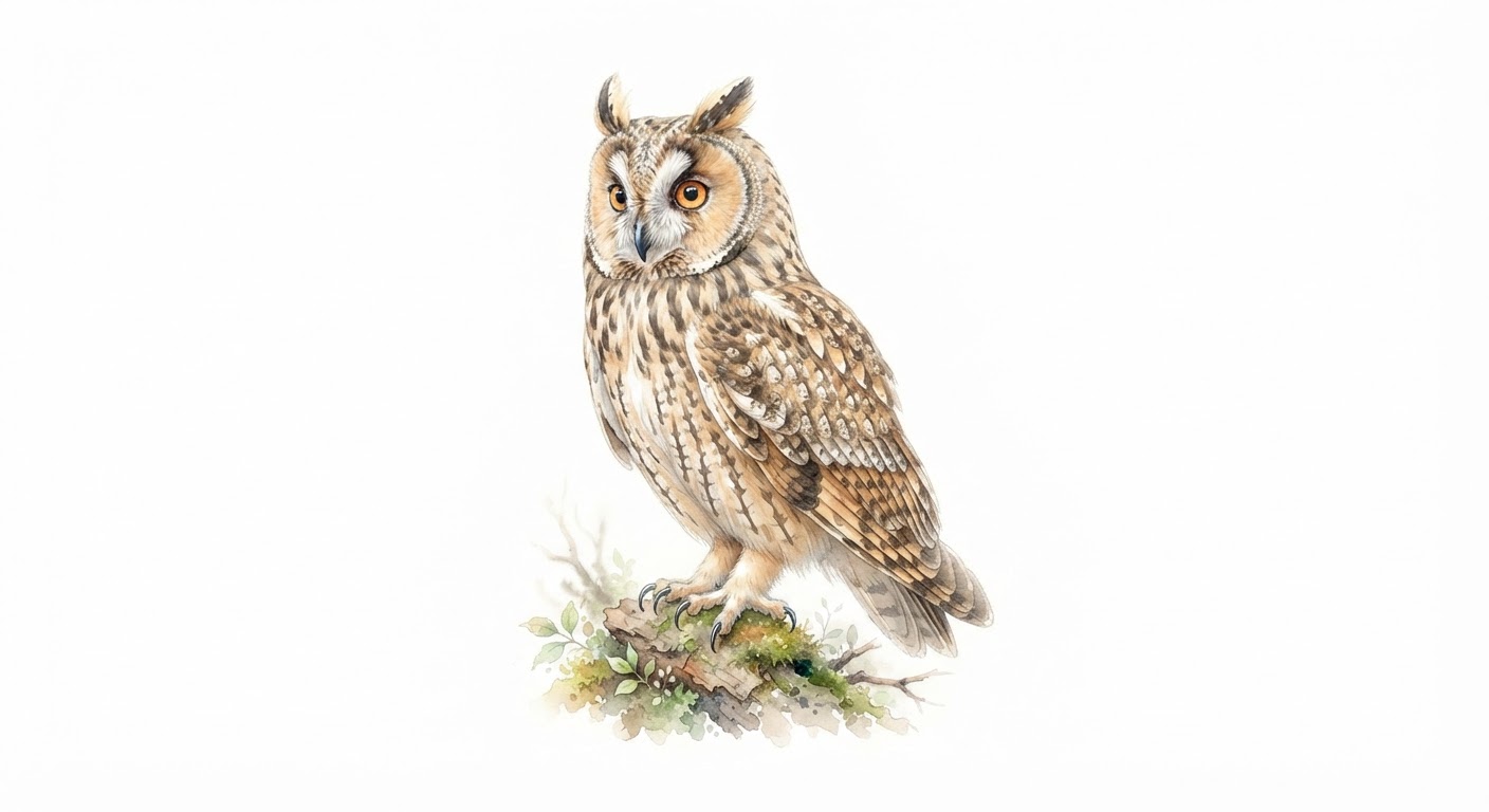 Illustrazione naturalistica a colori di gufo (Asio otus)