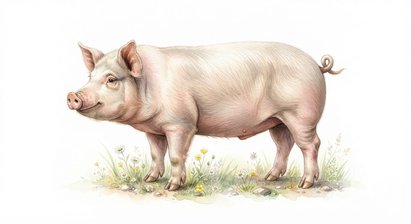 Illustrazione naturalistica a colori di maiale (Sus scrofa domesticus)