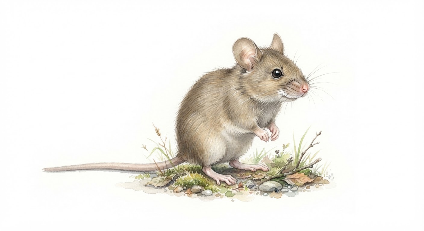 Illustrazione naturalistica a colori di topolino (Mus musculus)