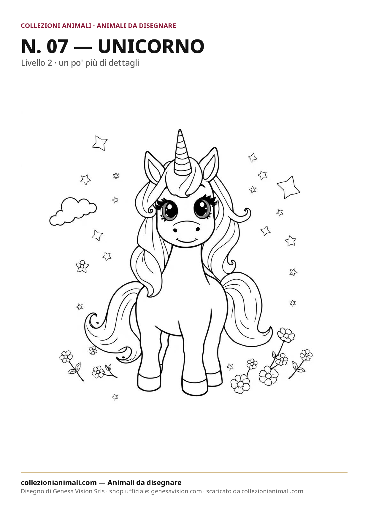 Disegno da colorare in formato A4: Unicorno da colorare — livello 2