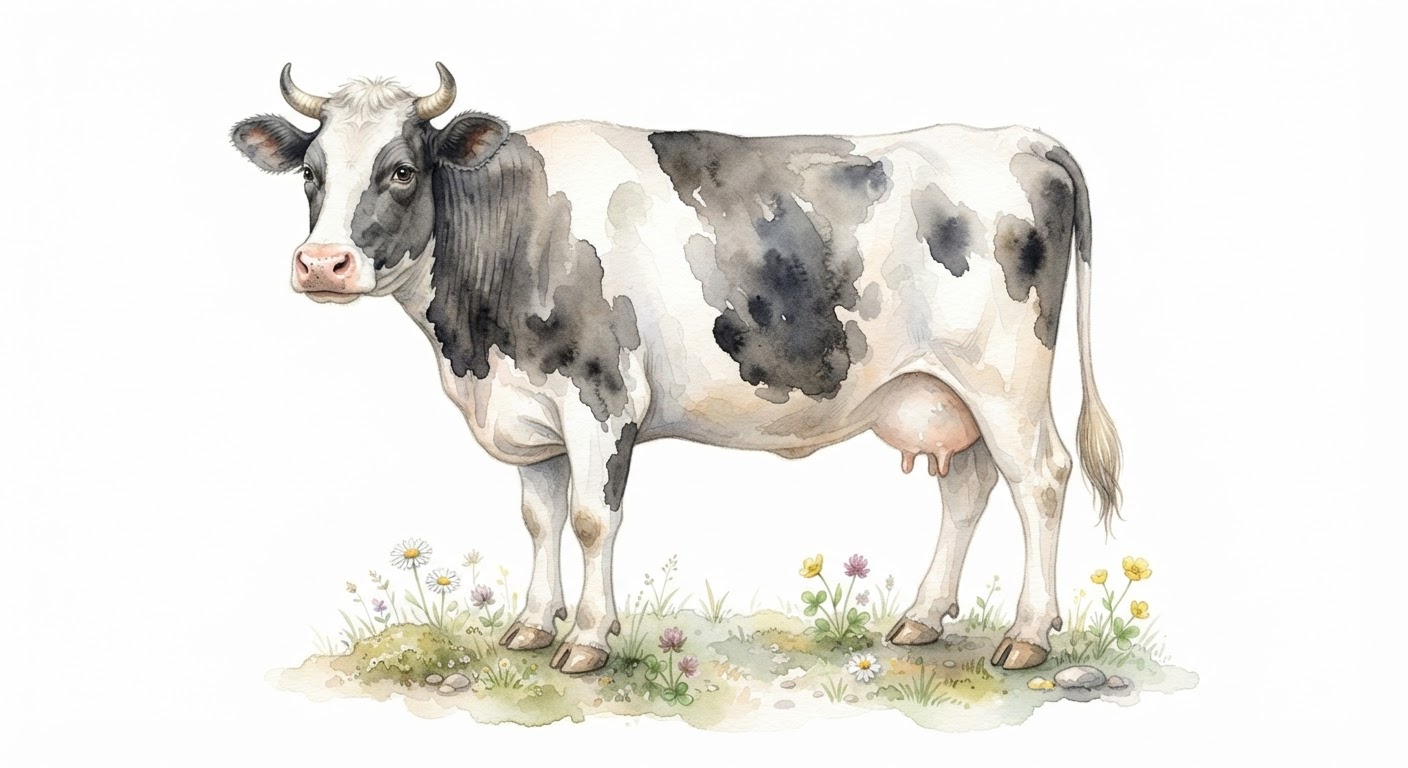 Illustrazione naturalistica a colori di mucca (Bos taurus)