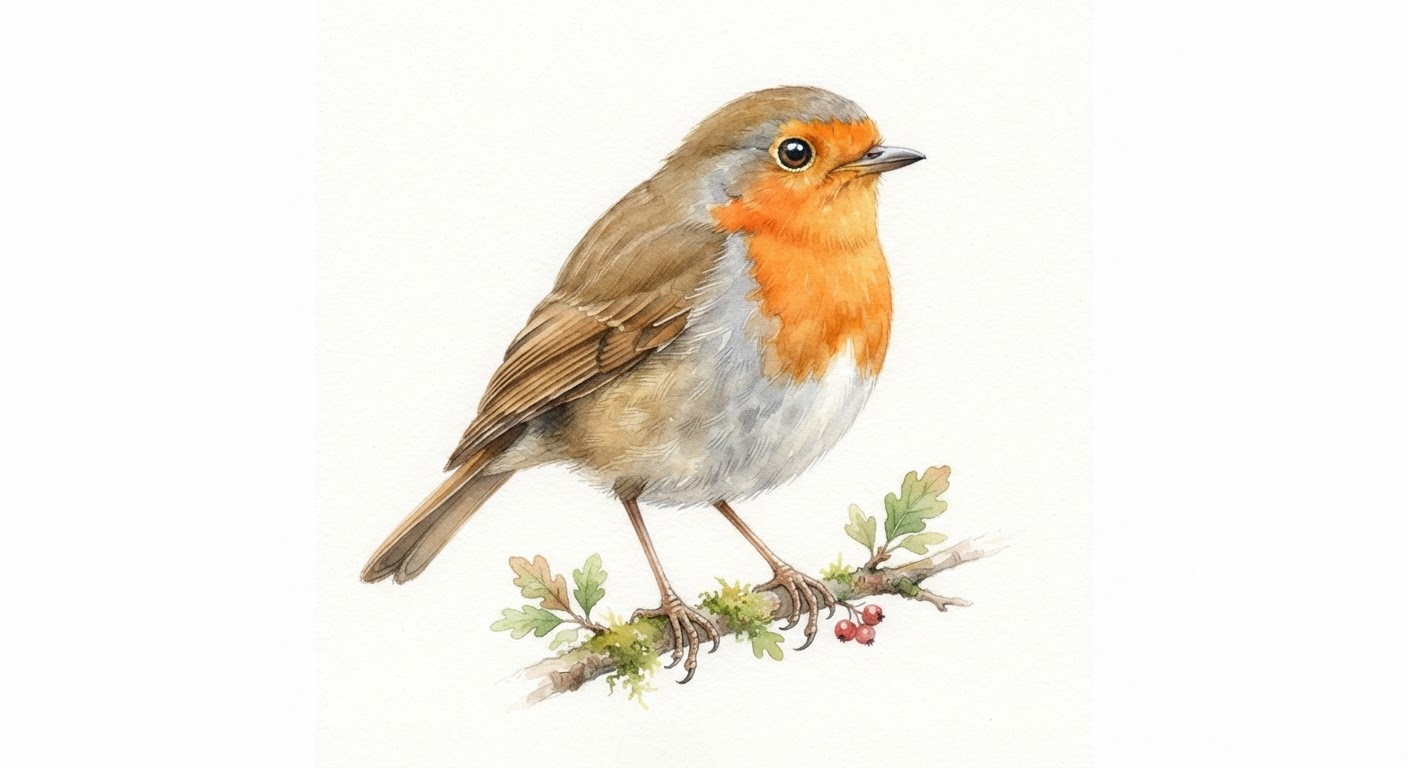 Illustrazione naturalistica a colori di pettirosso (Erithacus rubecula)