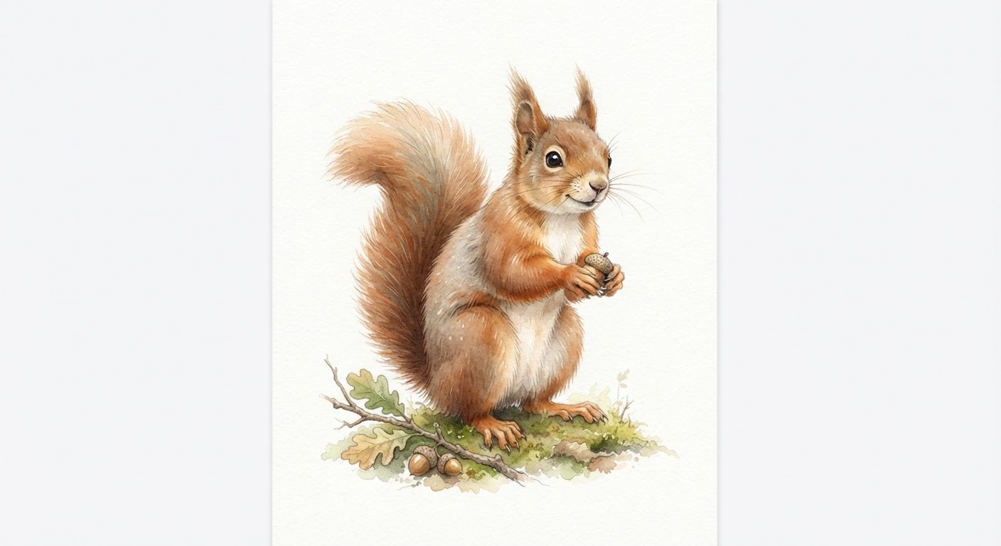 Illustrazione naturalistica a colori di scoiattolo (Sciurus vulgaris)
