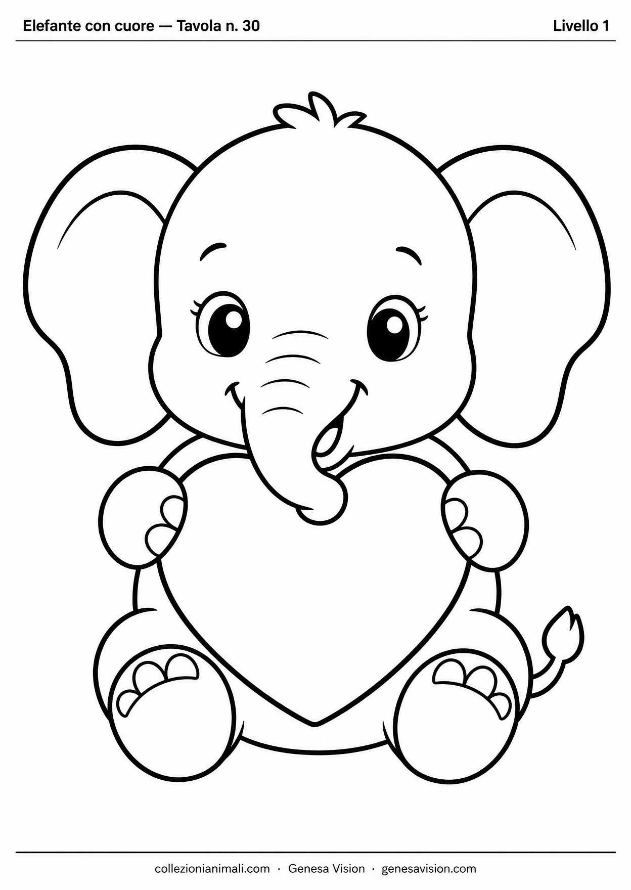Anteprima del disegno da colorare del elefante con cuore in formato A4