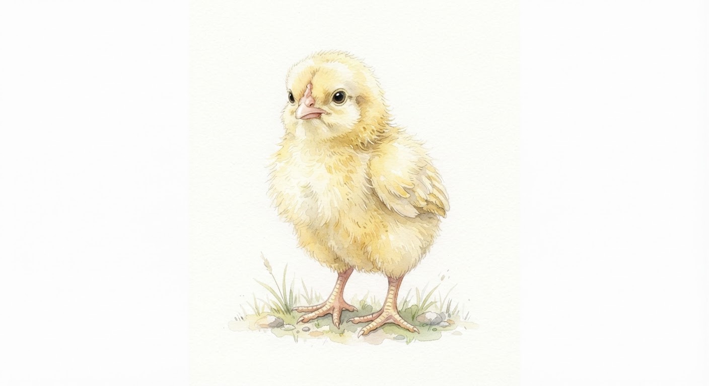 Illustrazione naturalistica a colori di pulcino (Gallus gallus domesticus)