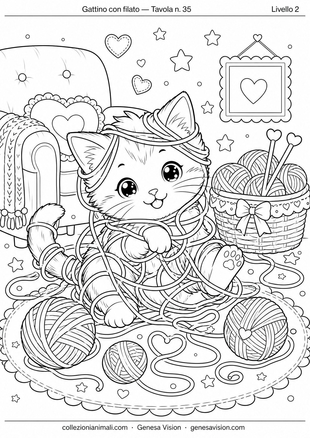 Disegno da colorare in formato A4: Gattino con filato da colorare — livello 2