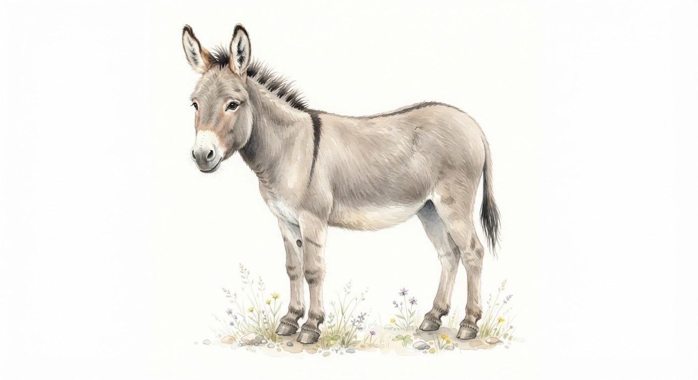 Illustrazione naturalistica a colori di asino (Equus asinus)
