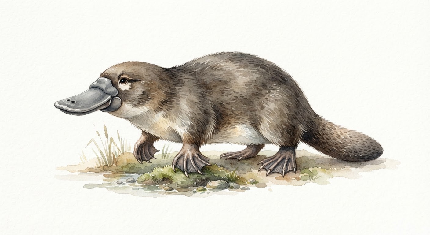 Illustrazione naturalistica a colori di ornitorinco (Ornithorhynchus anatinus)