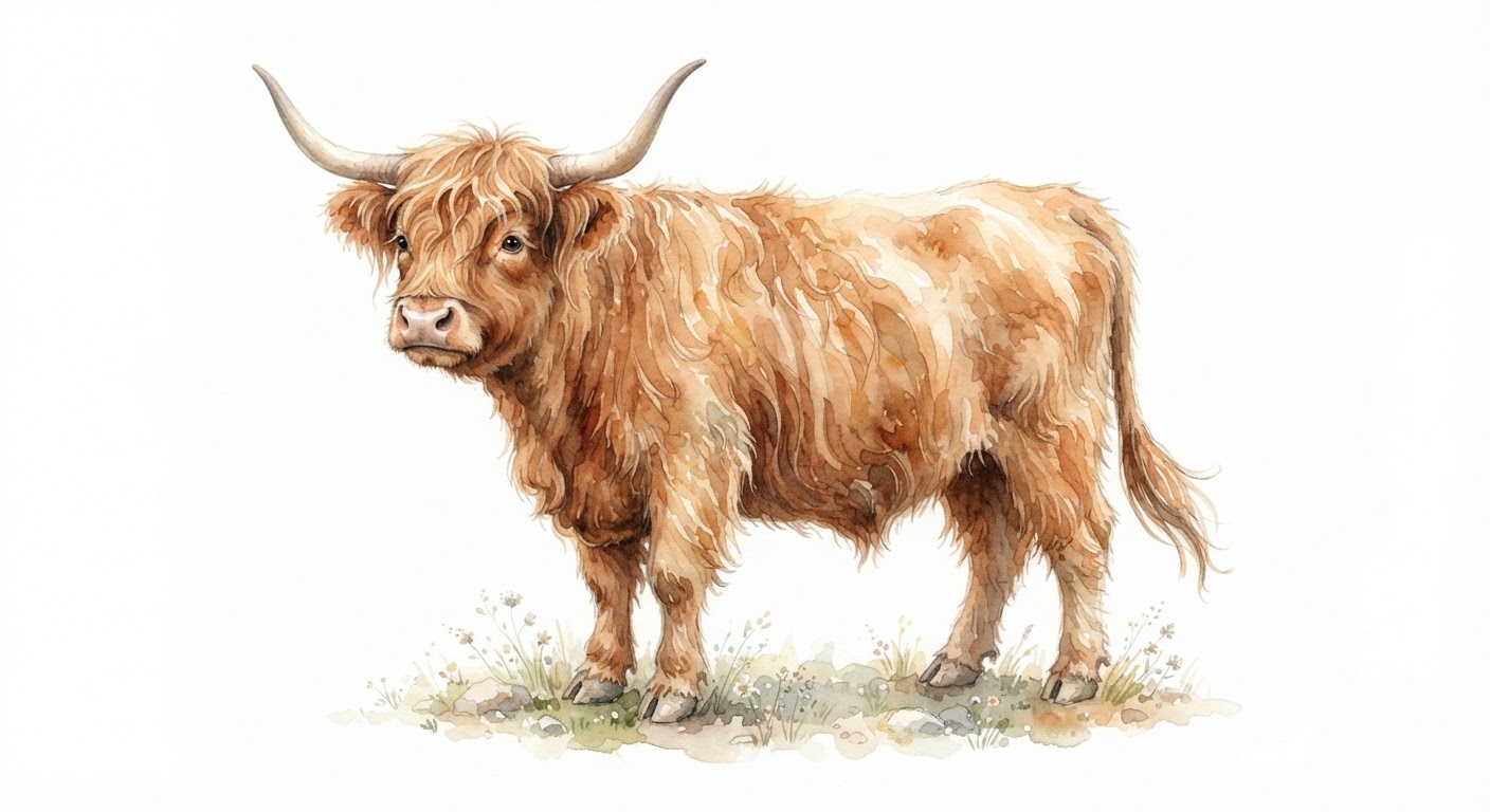 Illustrazione naturalistica a colori di mucca delle highland (Bos taurus (razza Highland))