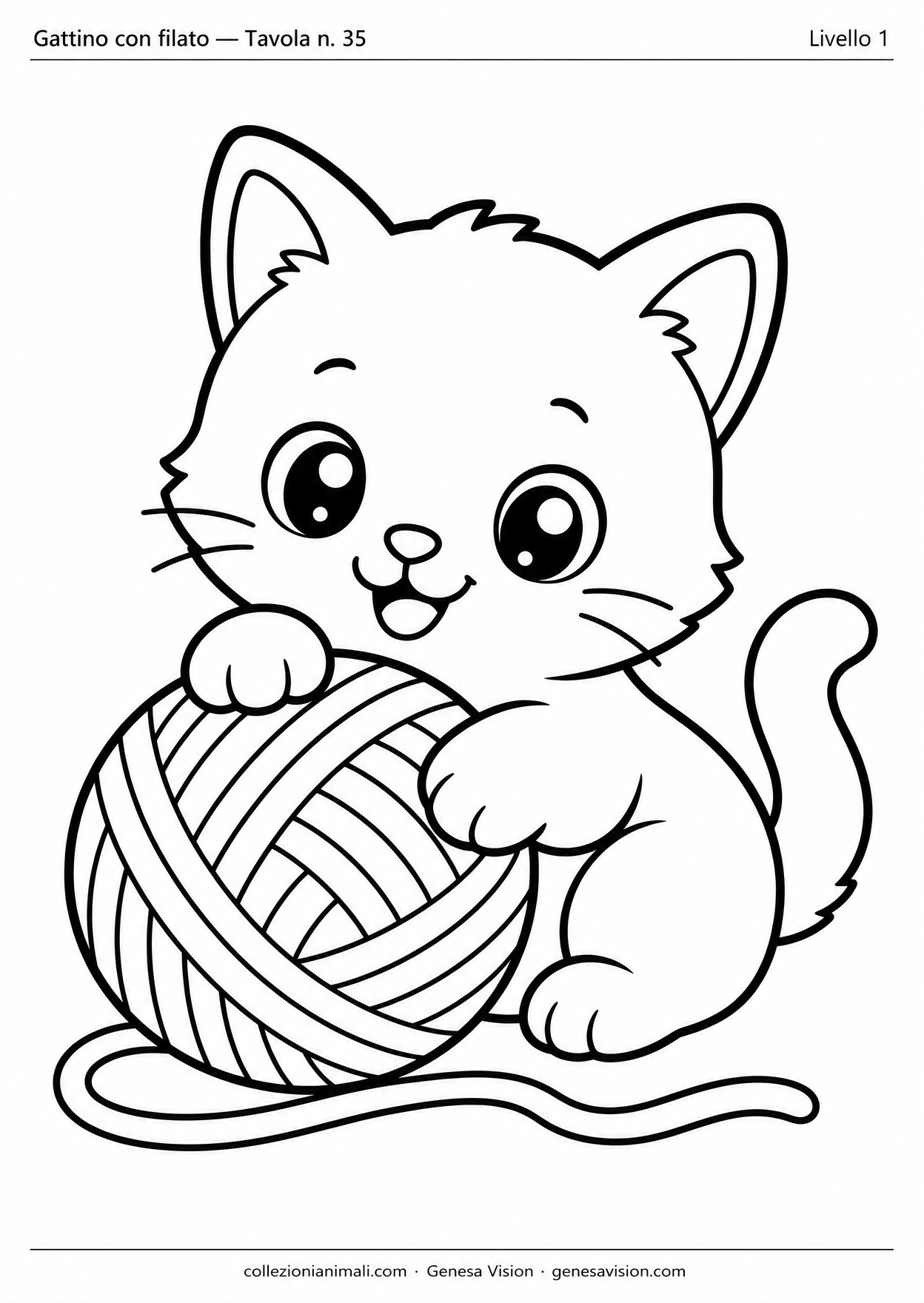 Anteprima del disegno da colorare del gattino con filato in formato A4