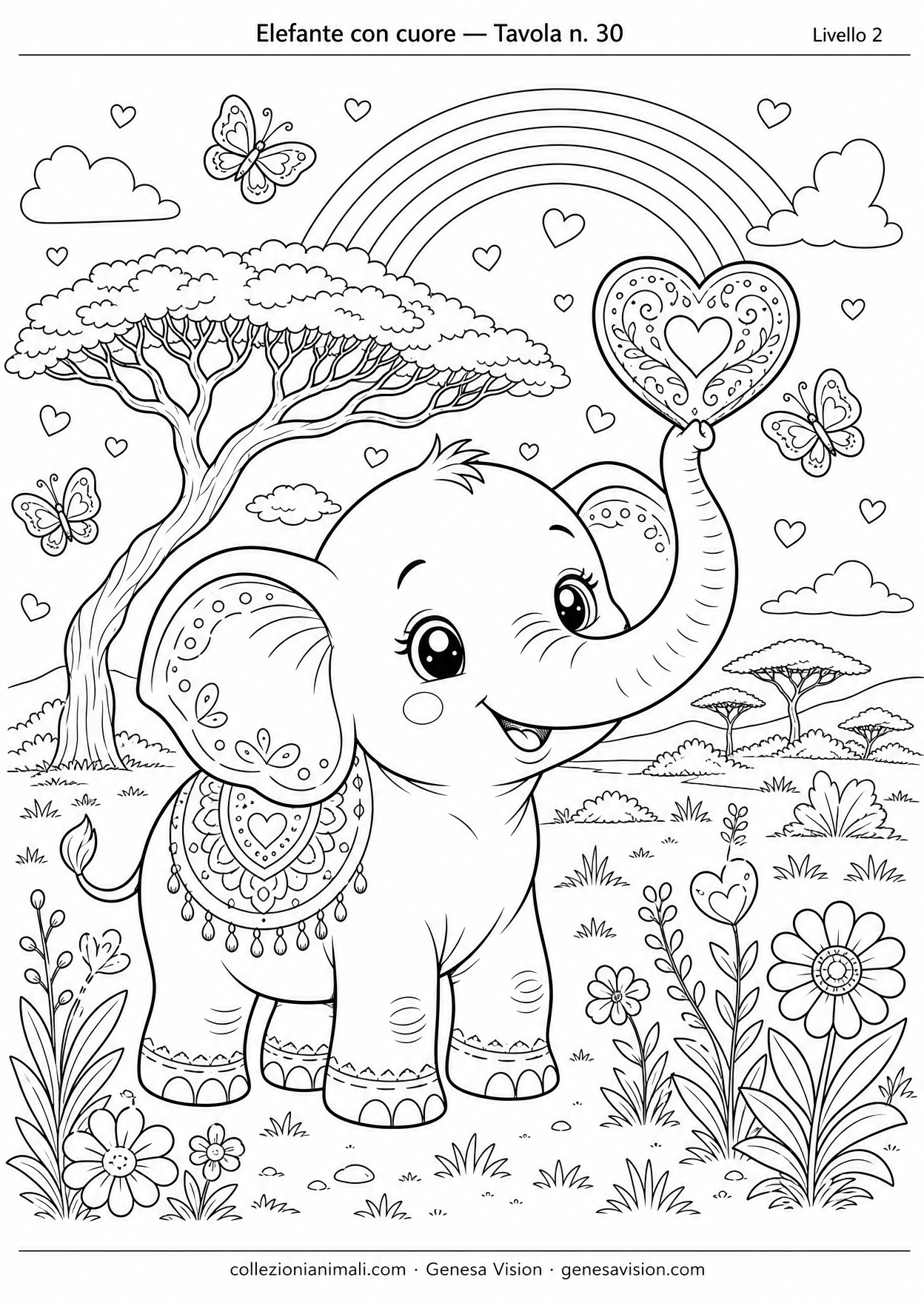Disegno da colorare in formato A4: Elefante con cuore da colorare — livello 2